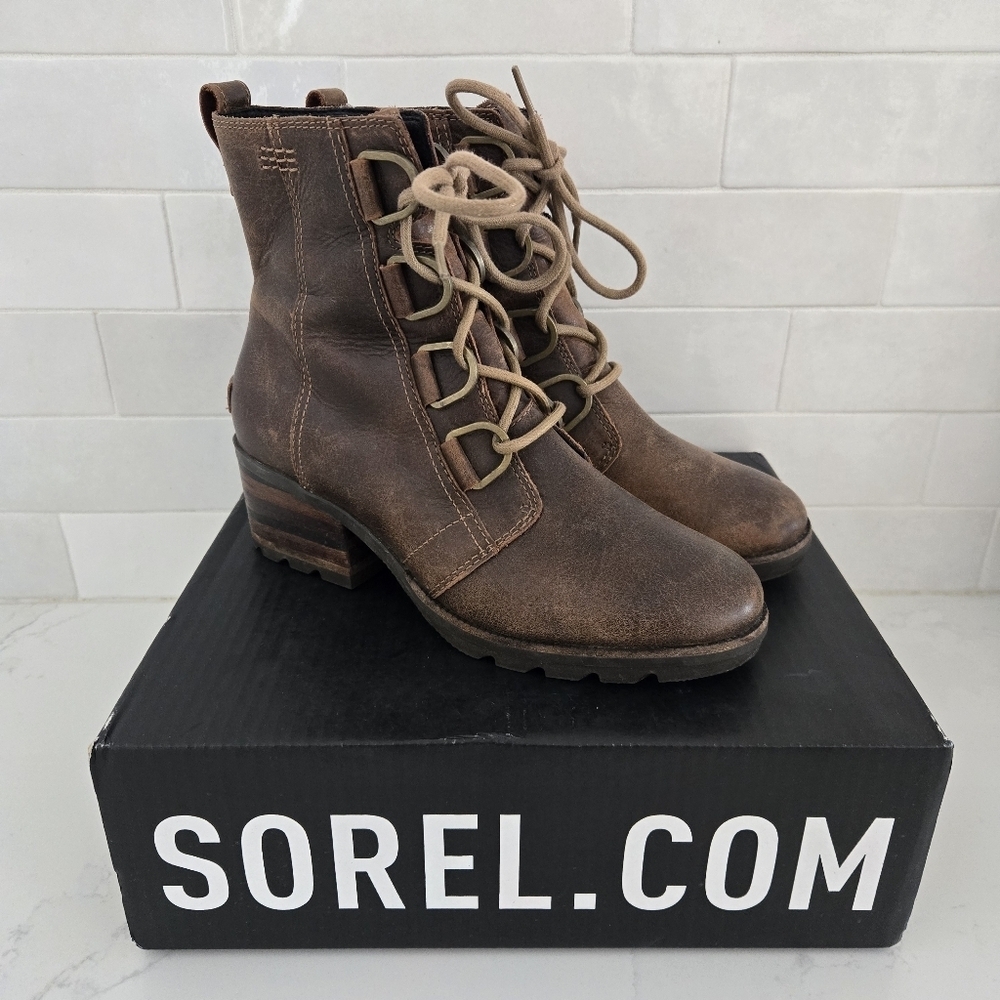 Sorel Cate Lace-Up NL3385-282 Brown Leather Waterproof Winter Boots Size 7.5